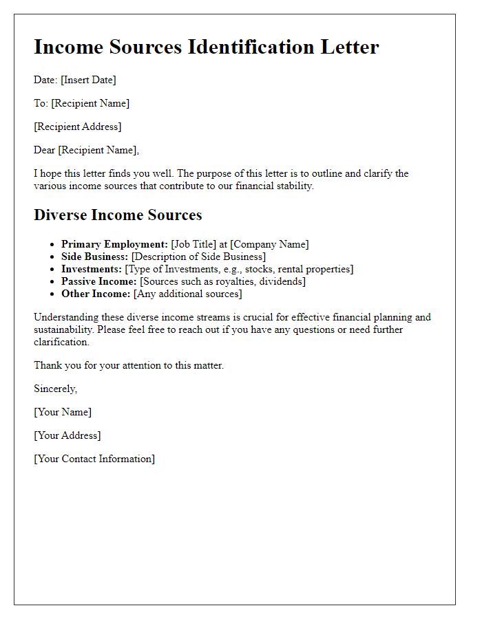 Letter template of identifying diverse income sources for clarity