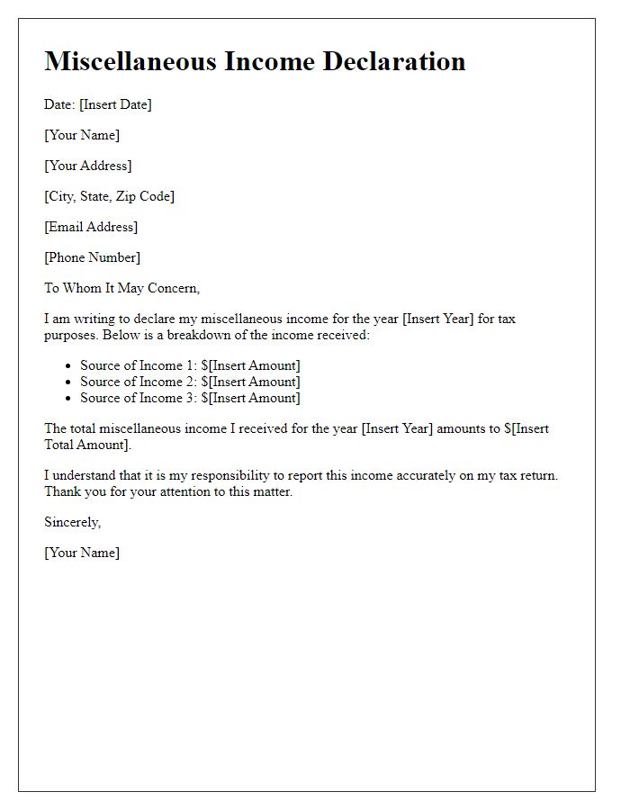 Letter template of miscellaneous income declaration for tax purposes