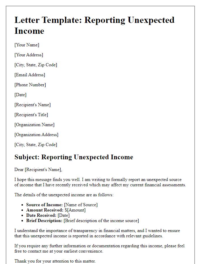 Letter template of outlining unexpected income for reporting