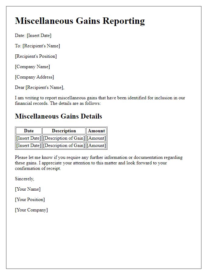 Letter template of reporting miscellaneous gains for financial records