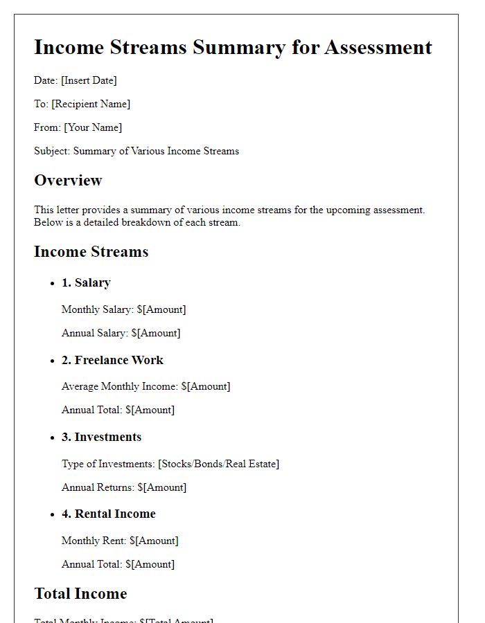 Letter template of summarizing various income streams for assessments