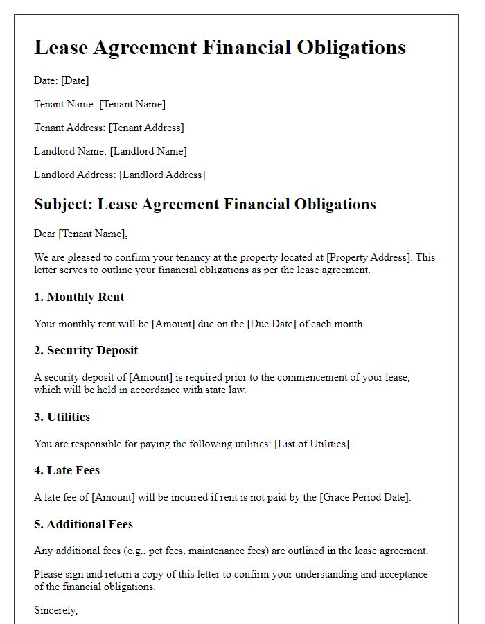 Letter template of lease agreement financial obligations