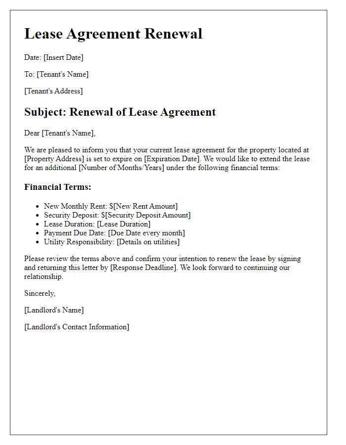 Letter template of lease agreement renewal financial terms