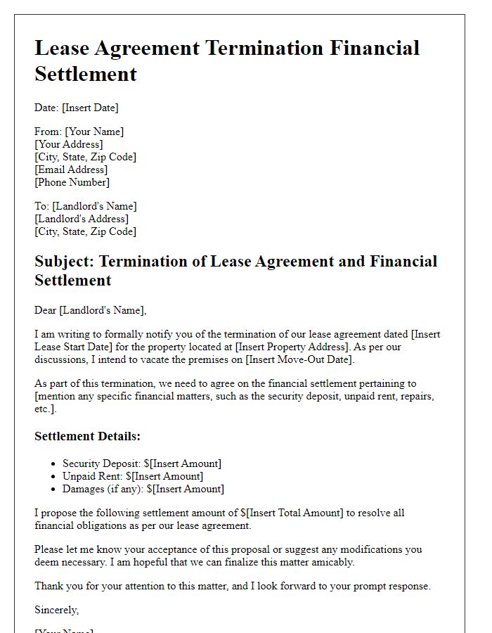 Letter template of lease agreement termination financial settlement