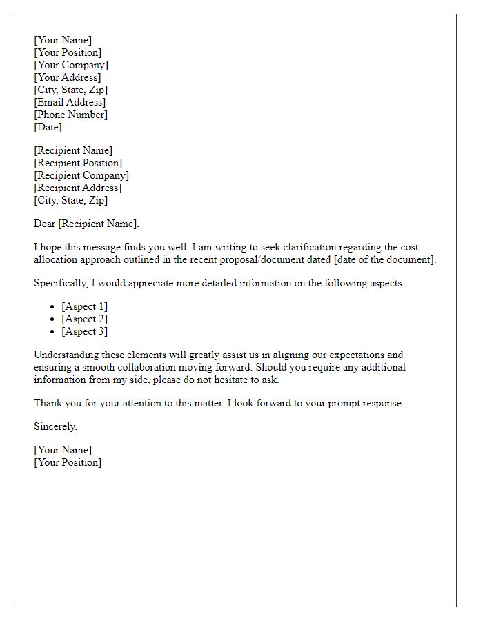 Letter template of need for clarification on cost allocation approach