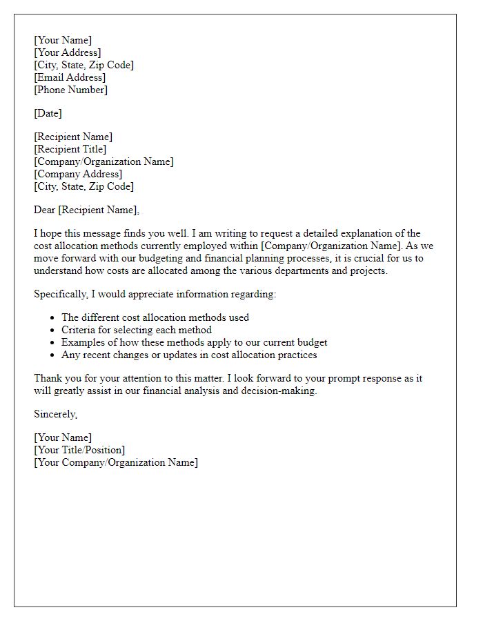 Letter template of need for detailed explanation of cost allocation methods