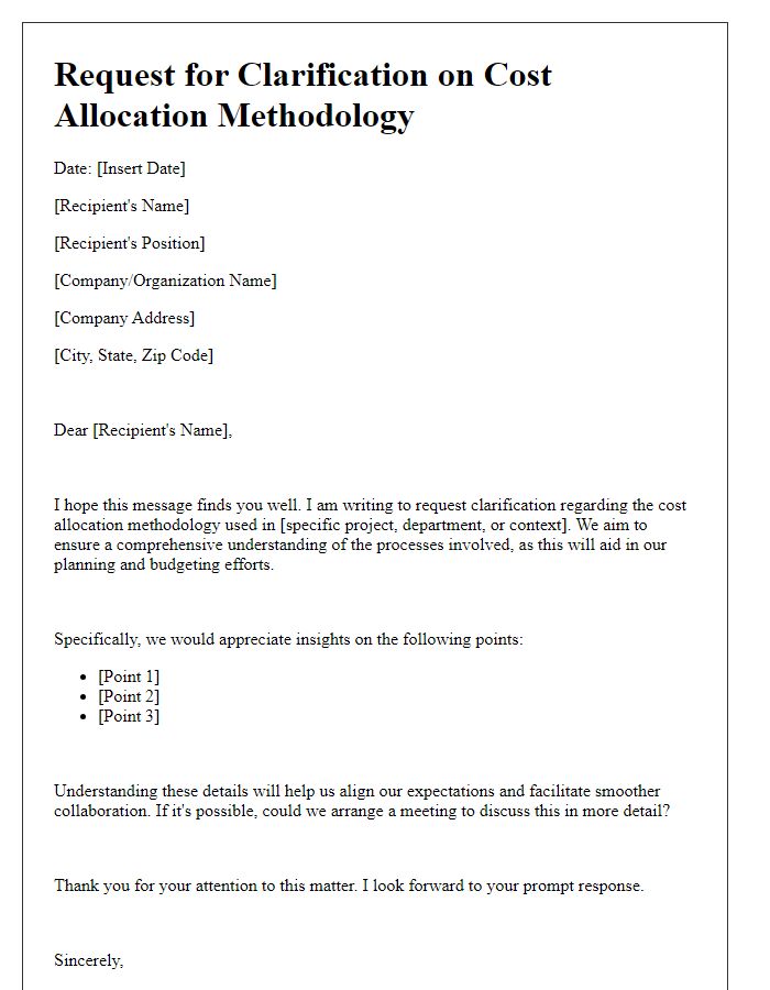 Letter template of request for clarification on cost allocation methodology