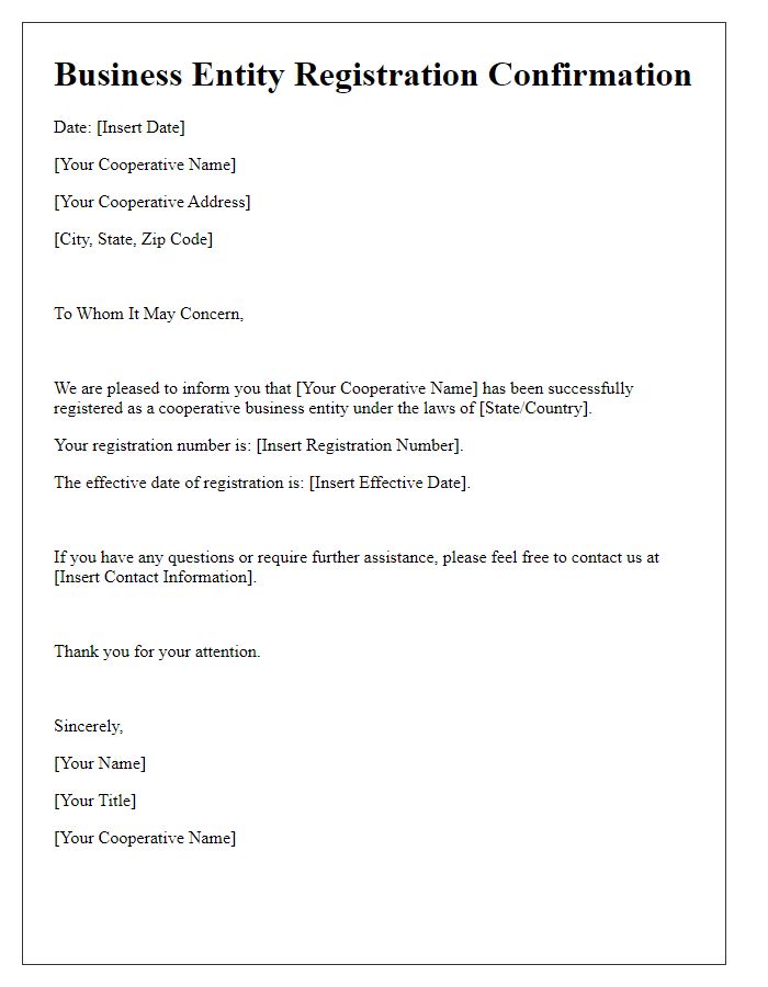 Letter template of business entity registration confirmation for cooperative.