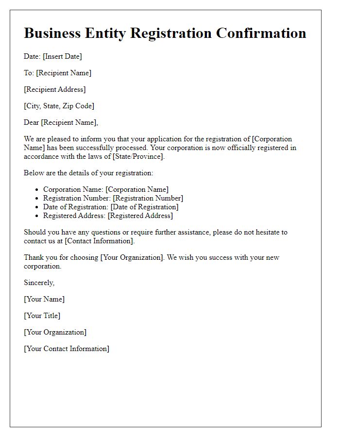 Letter template of business entity registration confirmation for corporation.