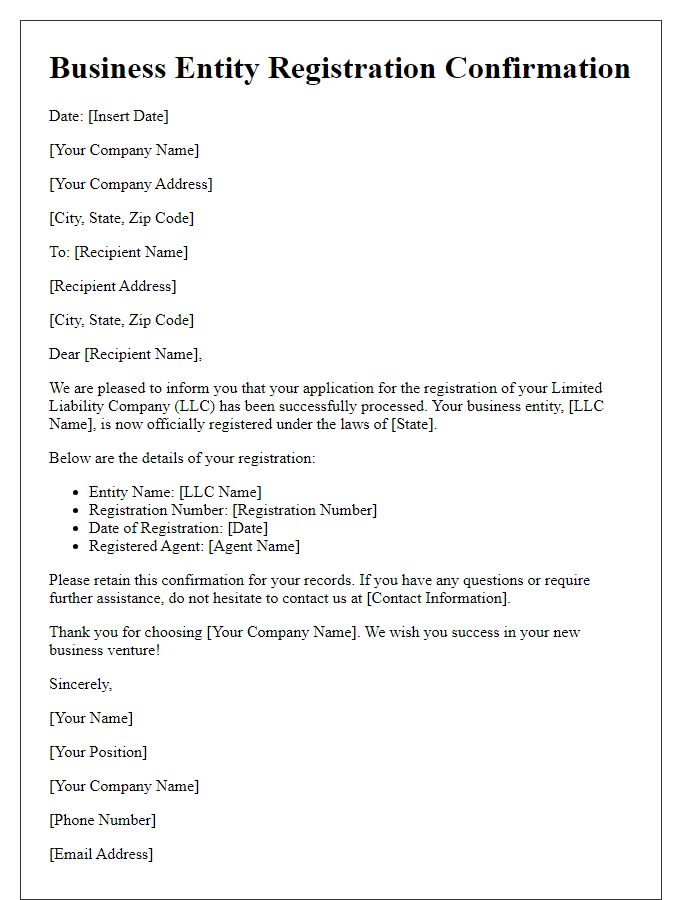 Letter template of business entity registration confirmation for LLC.