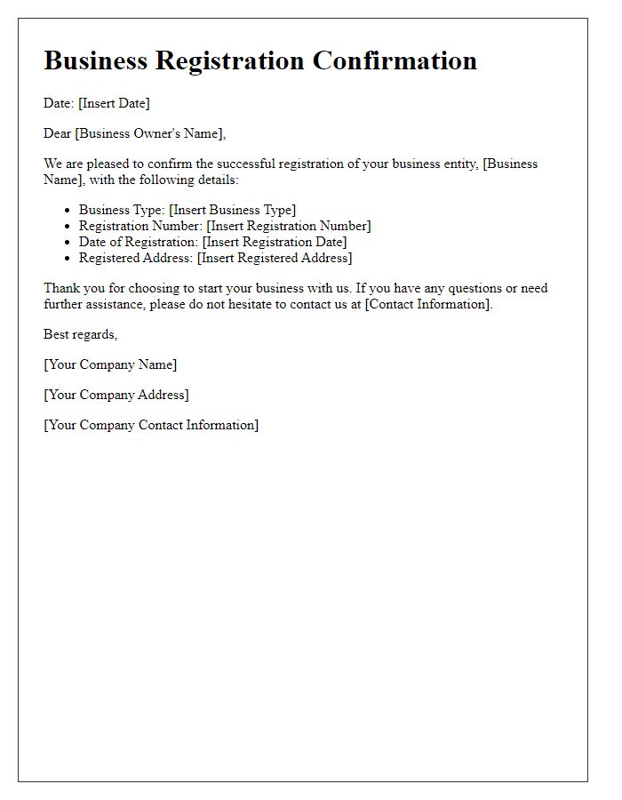 Letter template of business entity registration confirmation for online business.