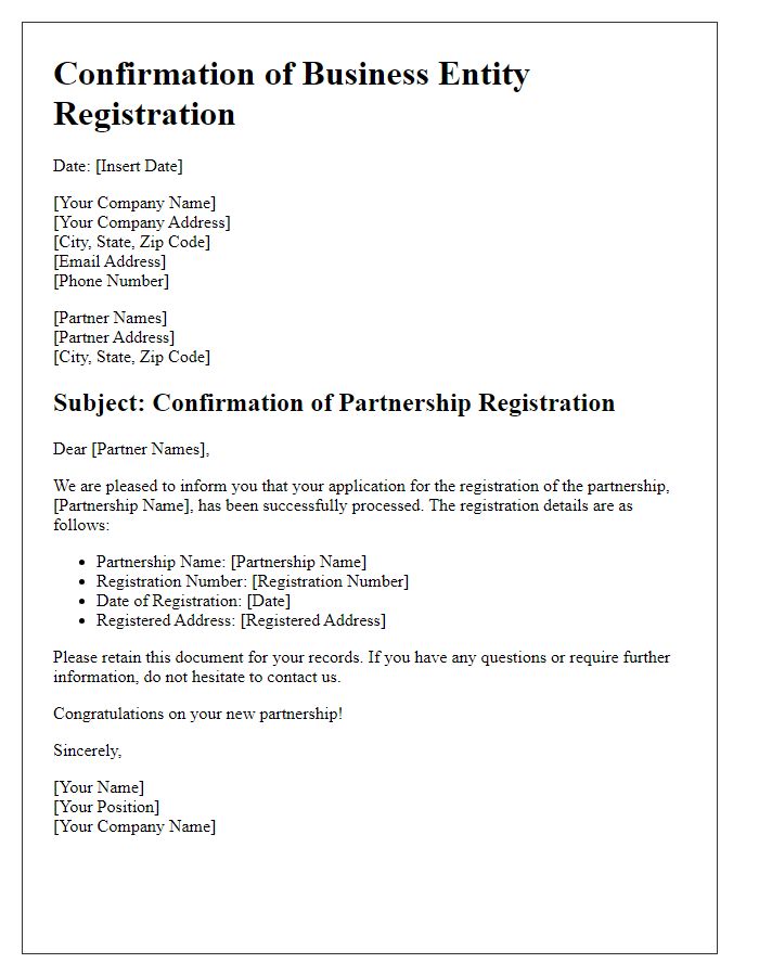 Letter template of business entity registration confirmation for partnership.