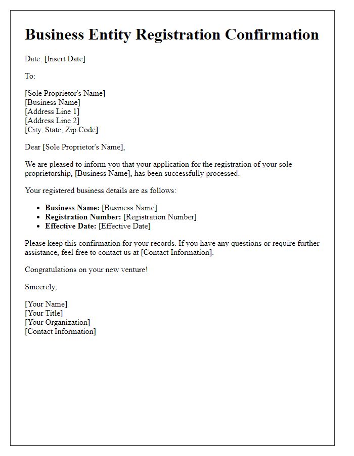 Letter template of business entity registration confirmation for sole proprietorship.