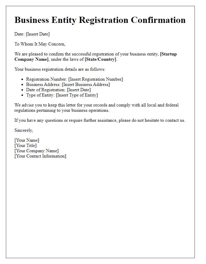 Letter template of business entity registration confirmation for startup company.