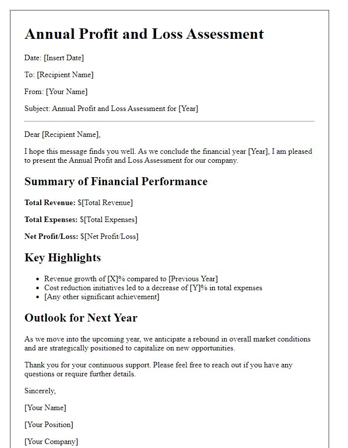 Letter template of Annual Profit and Loss Assessment