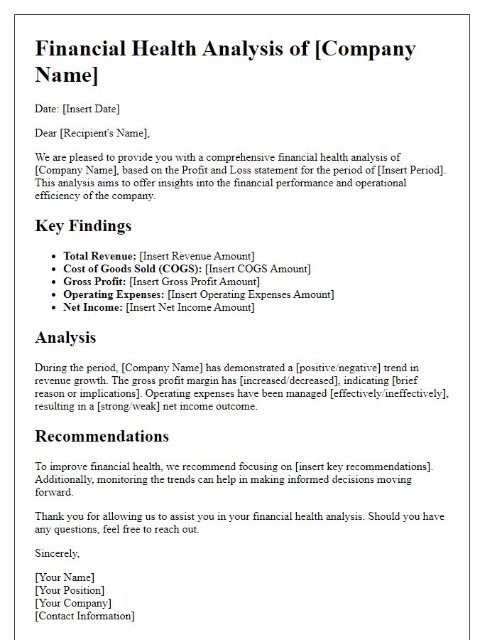 Letter template of Financial Health Analysis via Profit and Loss