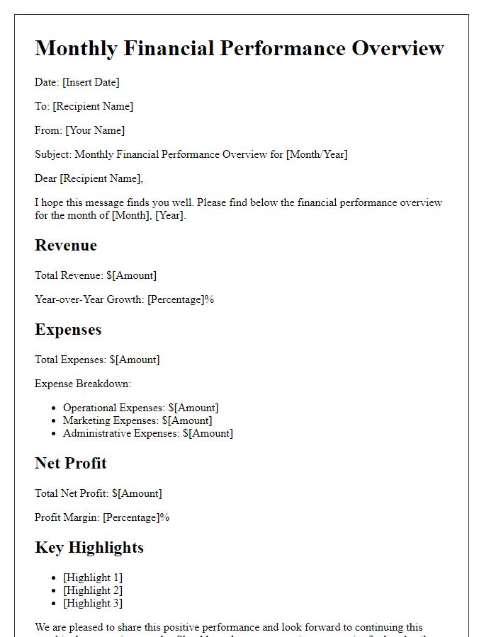 Letter template of Monthly Financial Performance Overview