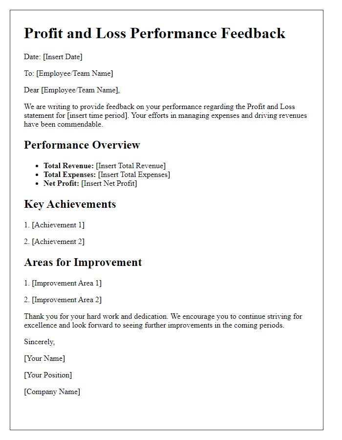 Letter template of Profit and Loss Performance Feedback