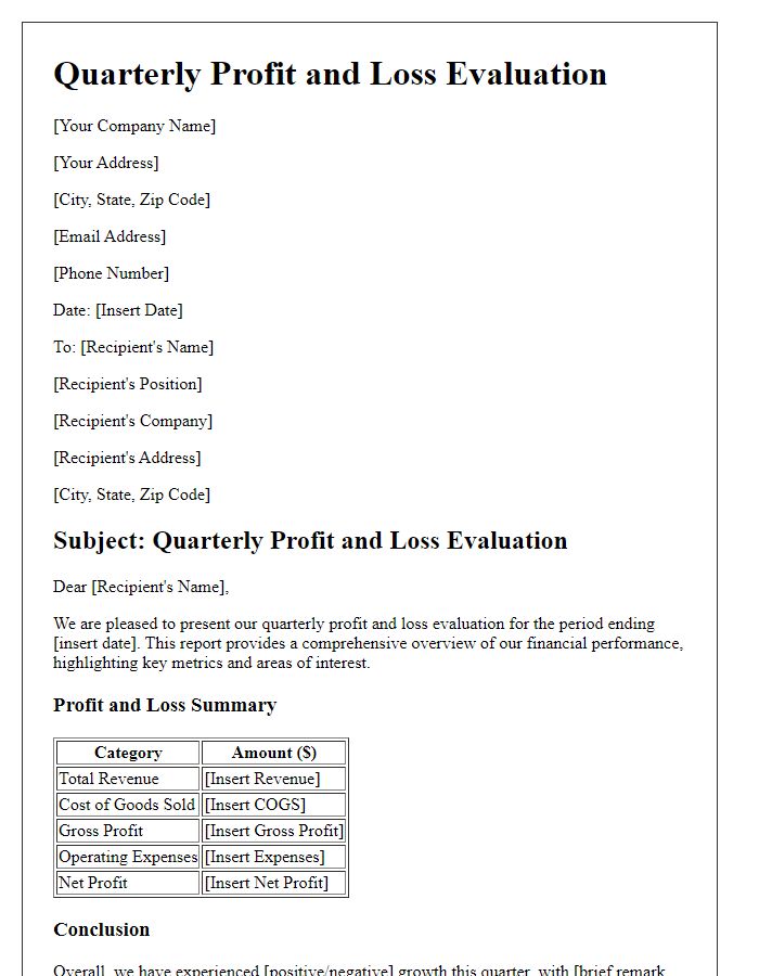 Letter template of Quarterly Profit and Loss Evaluation