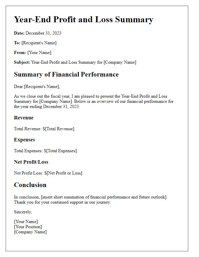 Letter template of Year-End Profit and Loss Summary