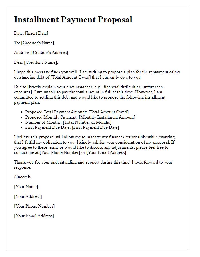 Letter template of installment payment proposal for outstanding debt.