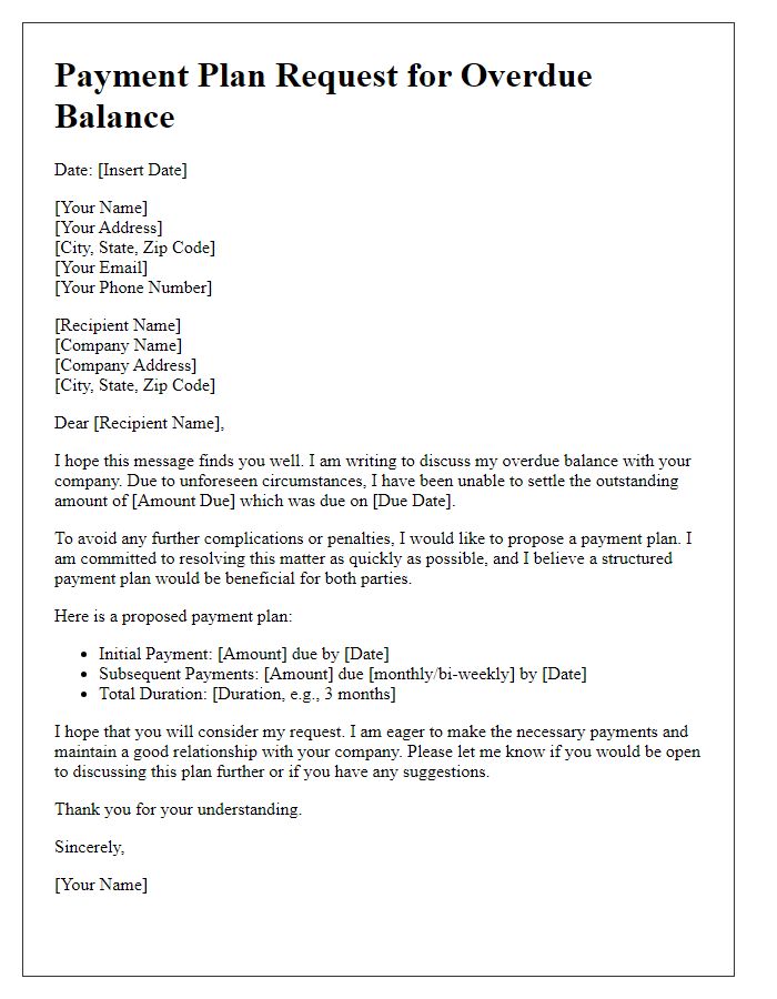 Letter template of payment plan request for overdue balance.