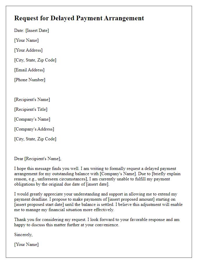 Letter template of request for delayed payment arrangement.