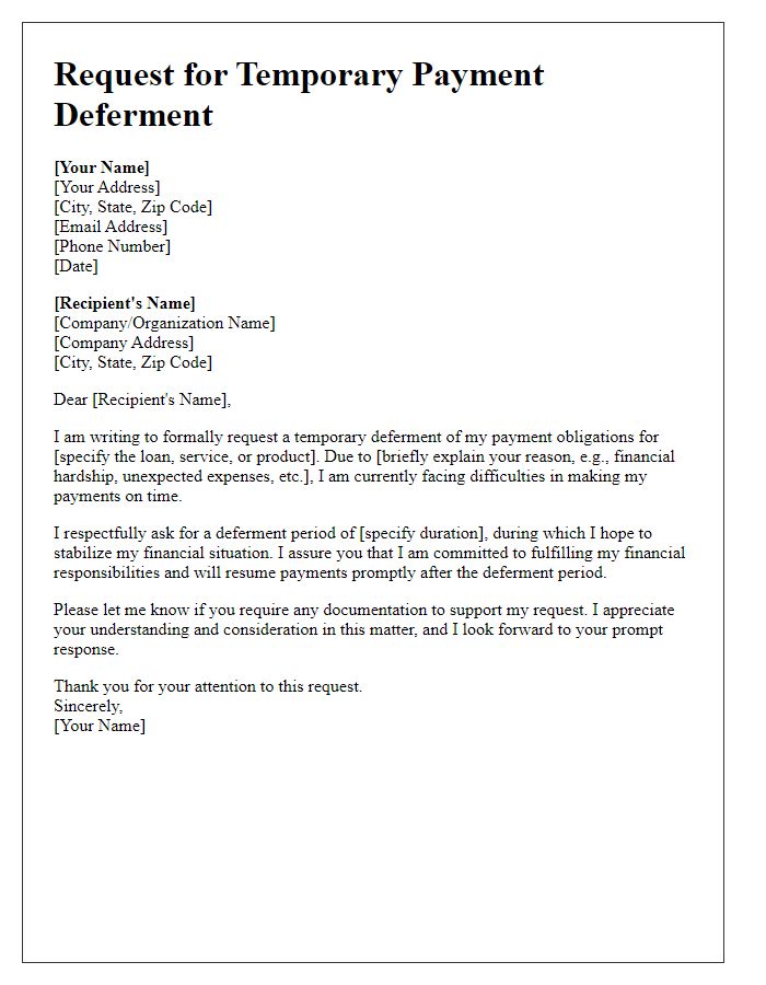 Letter template of request for temporary payment deferment.