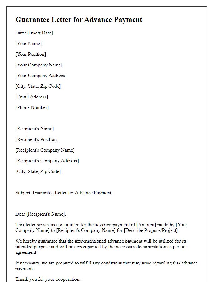 Letter template of guarantee letter for advance payment