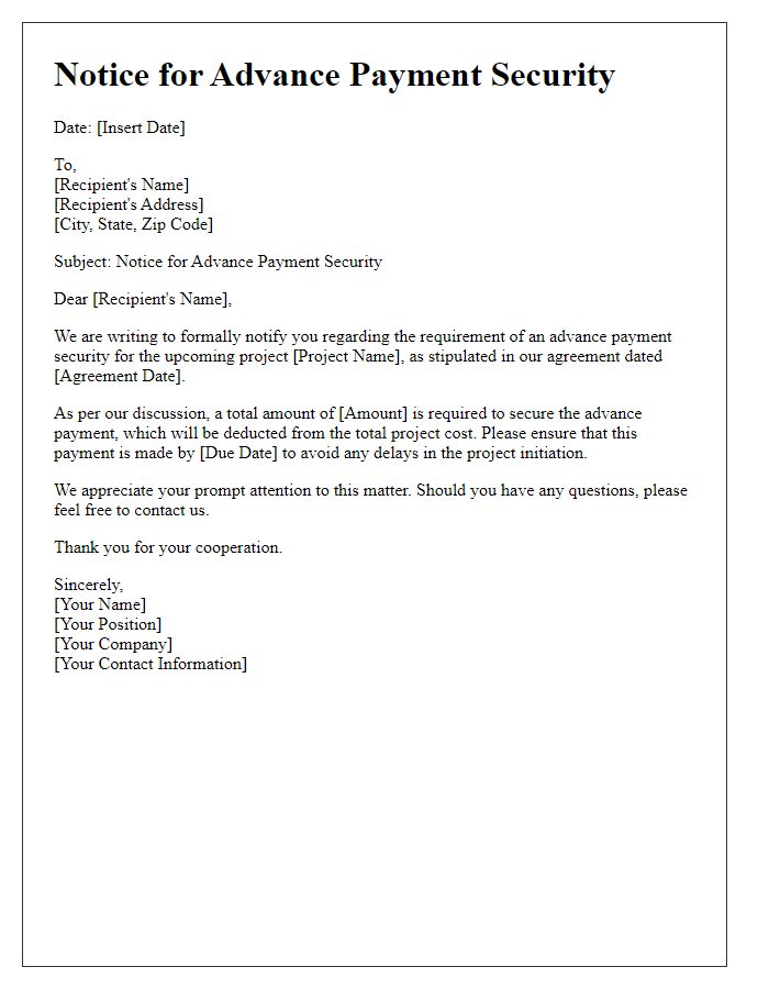 Letter template of notice for advance payment security