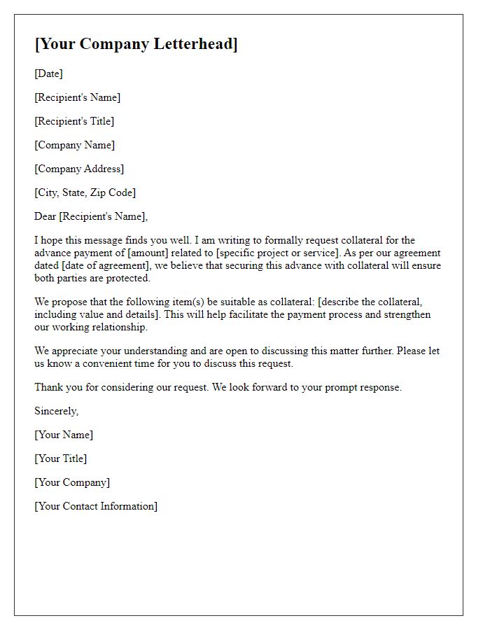 Letter template of request for collateral on advance payment