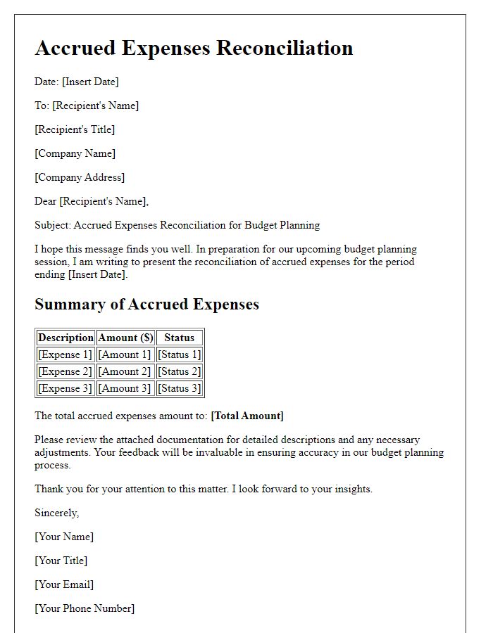 Letter template of accrued expenses reconciliation for budget planning.