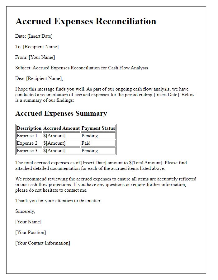 Letter template of accrued expenses reconciliation for cash flow analysis.