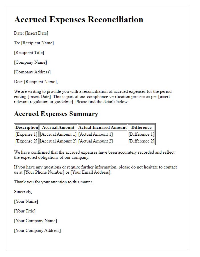 Letter template of accrued expenses reconciliation for compliance verification.