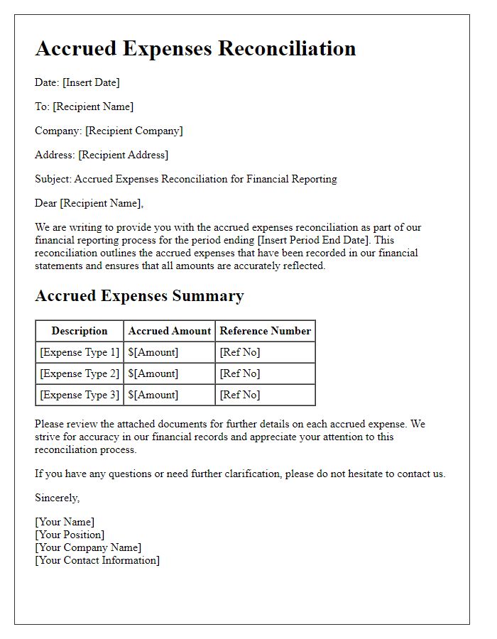 Letter template of accrued expenses reconciliation for financial reporting.