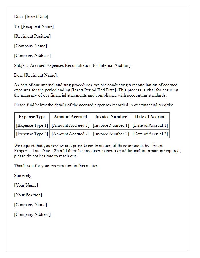 Letter template of accrued expenses reconciliation for internal auditing.