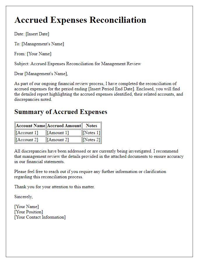 Letter template of accrued expenses reconciliation for management review.