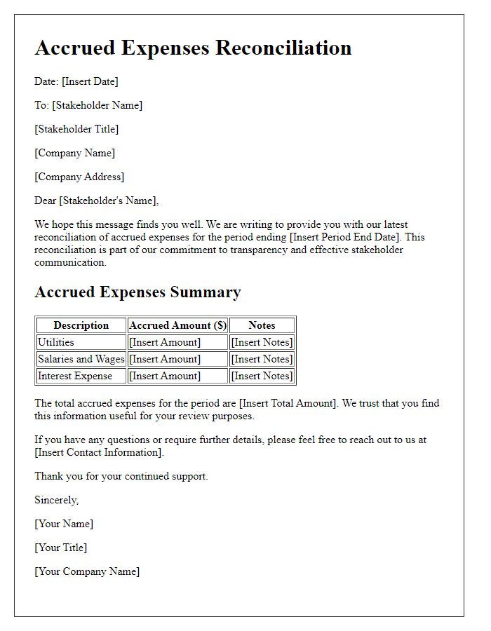 Letter template of accrued expenses reconciliation for stakeholder communication.