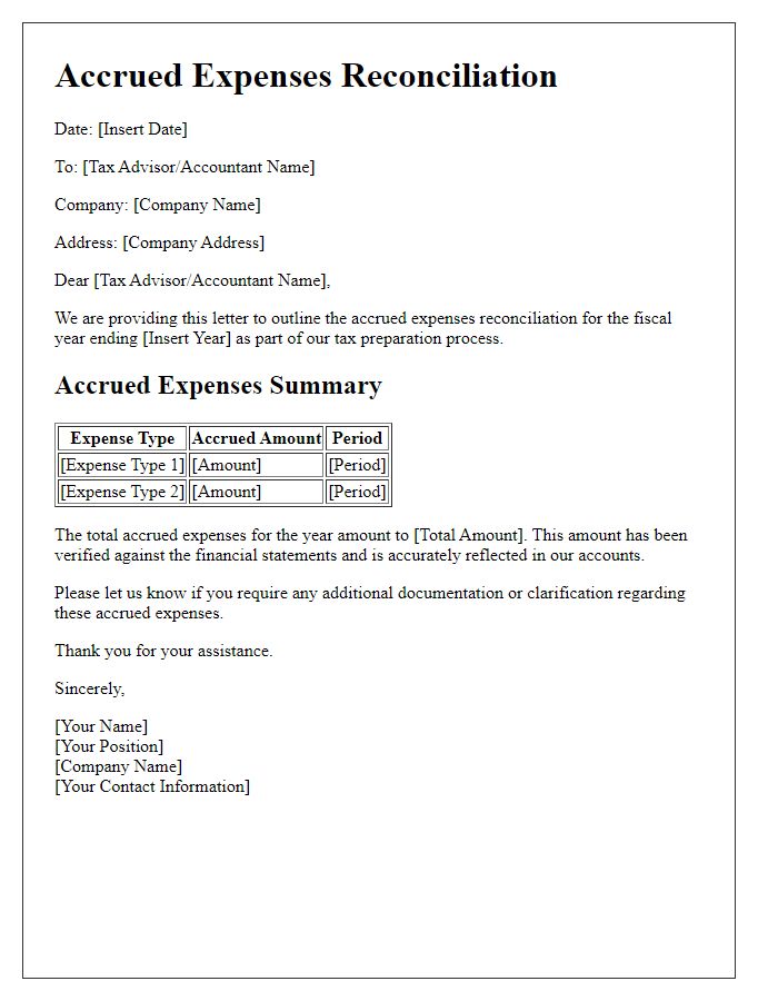 Letter template of accrued expenses reconciliation for tax preparation.