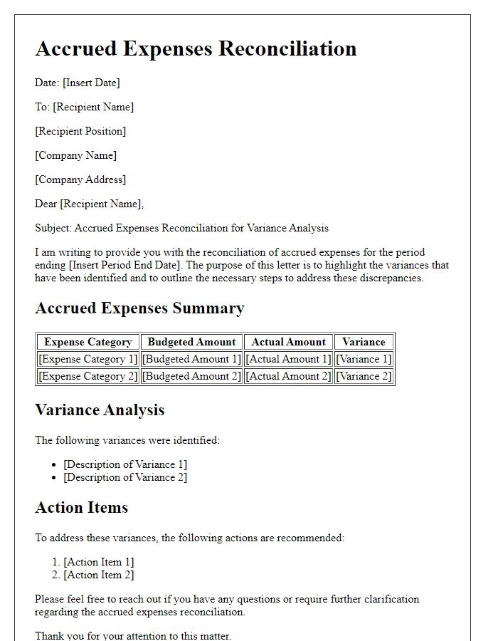 Letter template of accrued expenses reconciliation for variance analysis.