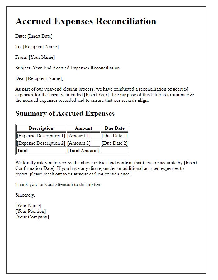 Letter template of accrued expenses reconciliation for year-end closing.