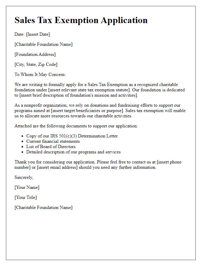 Letter template of Sales Tax Exemption Application for Charitable Foundations