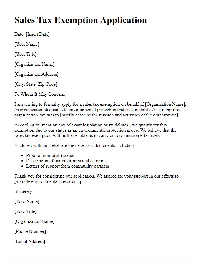 Letter template of Sales Tax Exemption Application for Environmental Protection Groups