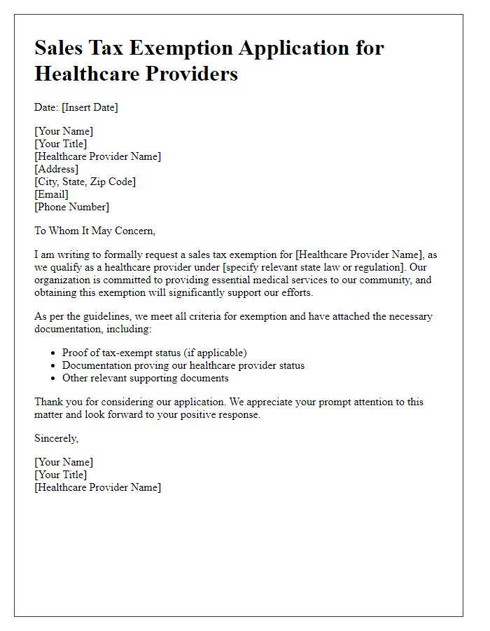 Letter template of Sales Tax Exemption Application for Healthcare Providers