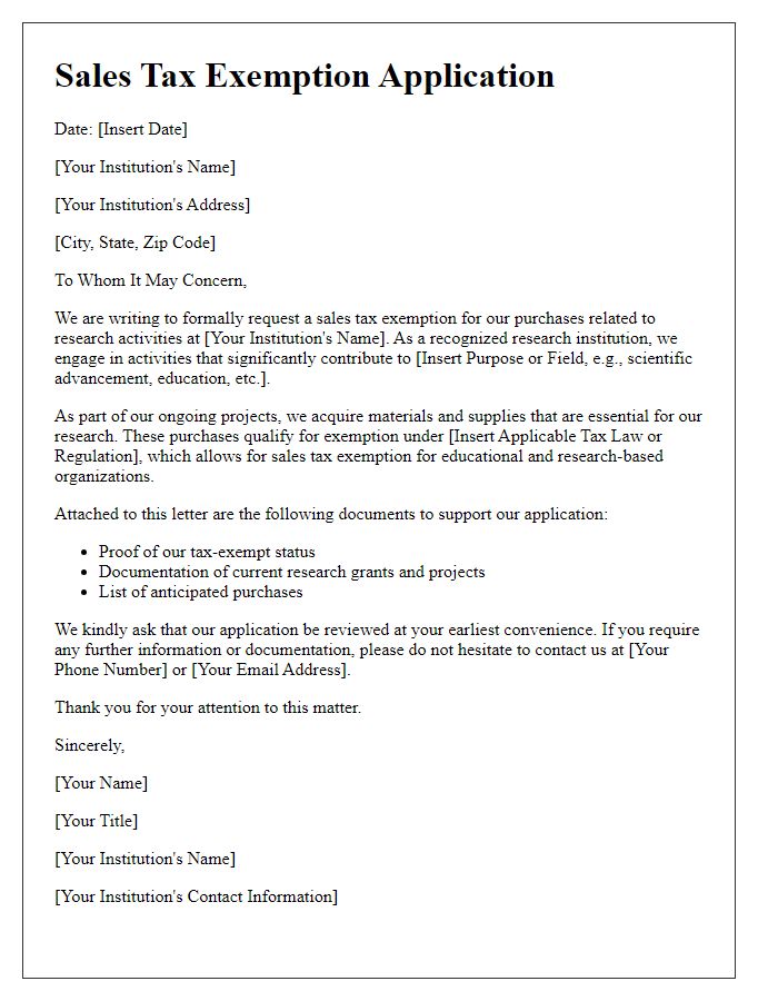 Letter template of Sales Tax Exemption Application for Research Institutions