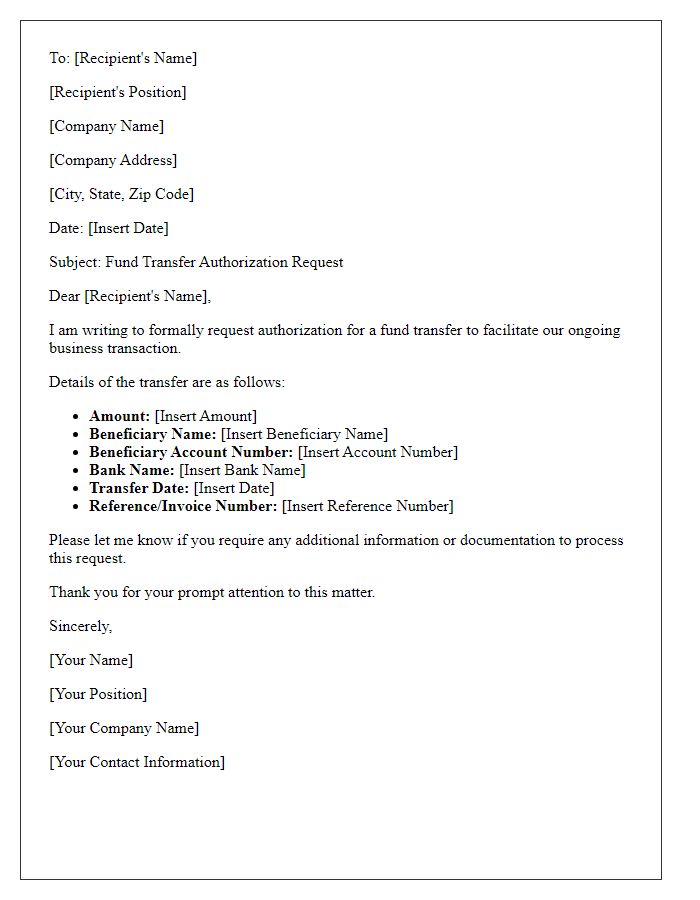 Letter template of fund transfer authorization request for business transactions.