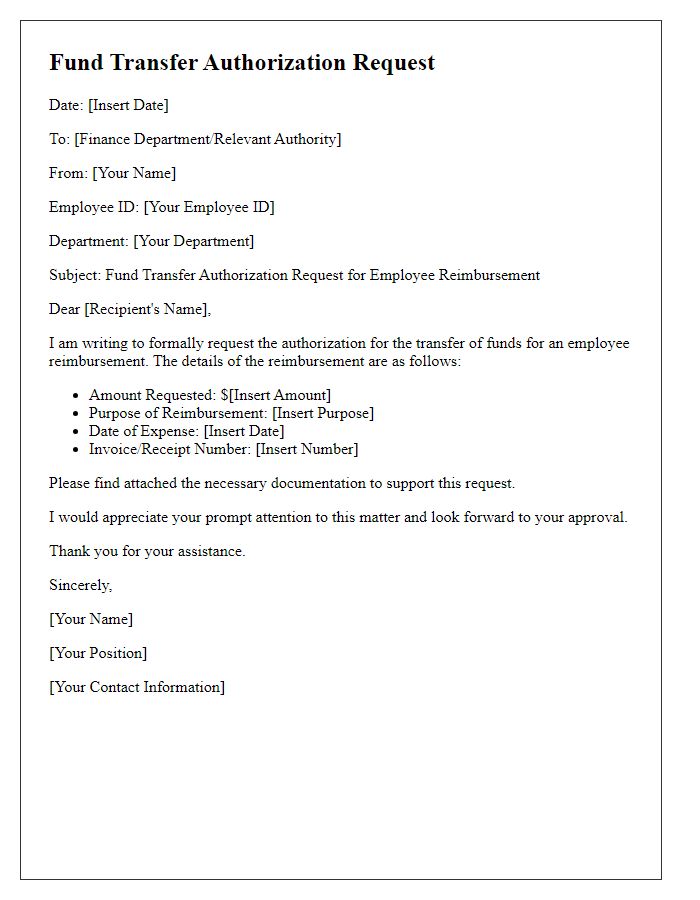 Letter template of fund transfer authorization request for employee reimbursements.