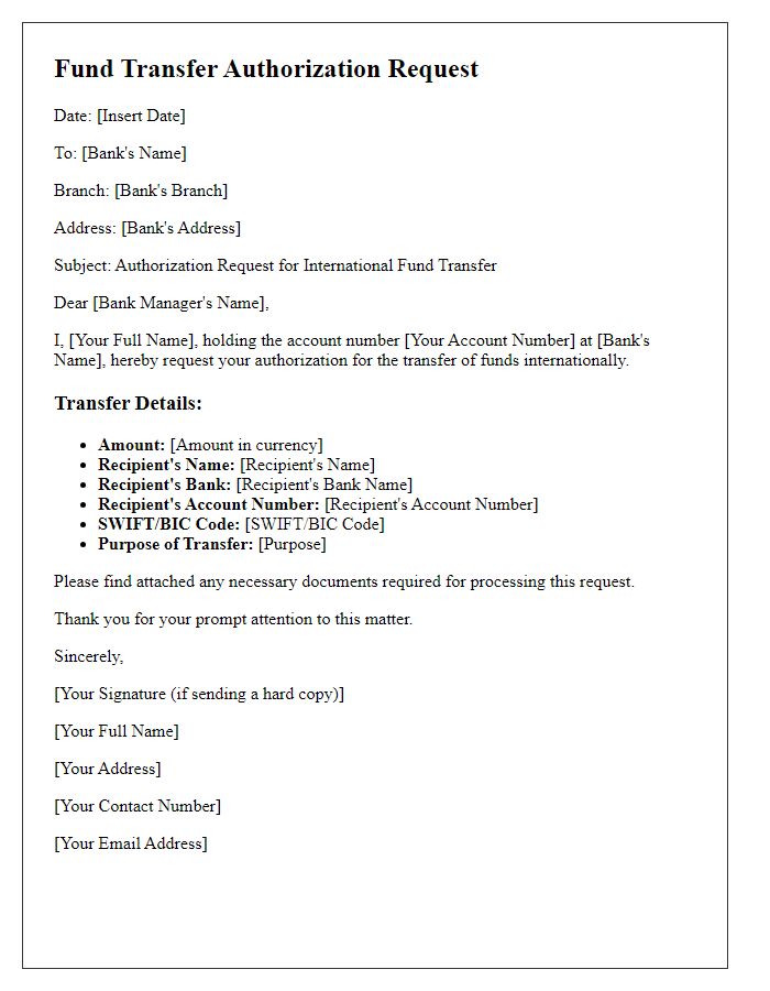 Letter template of fund transfer authorization request for international transfers.