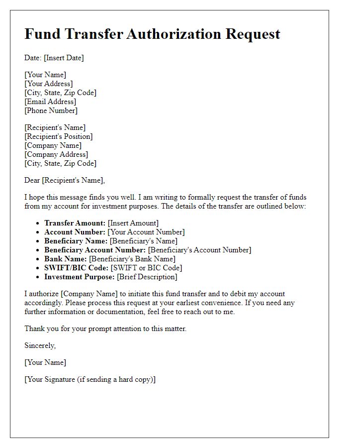 Letter template of fund transfer authorization request for investment purposes.