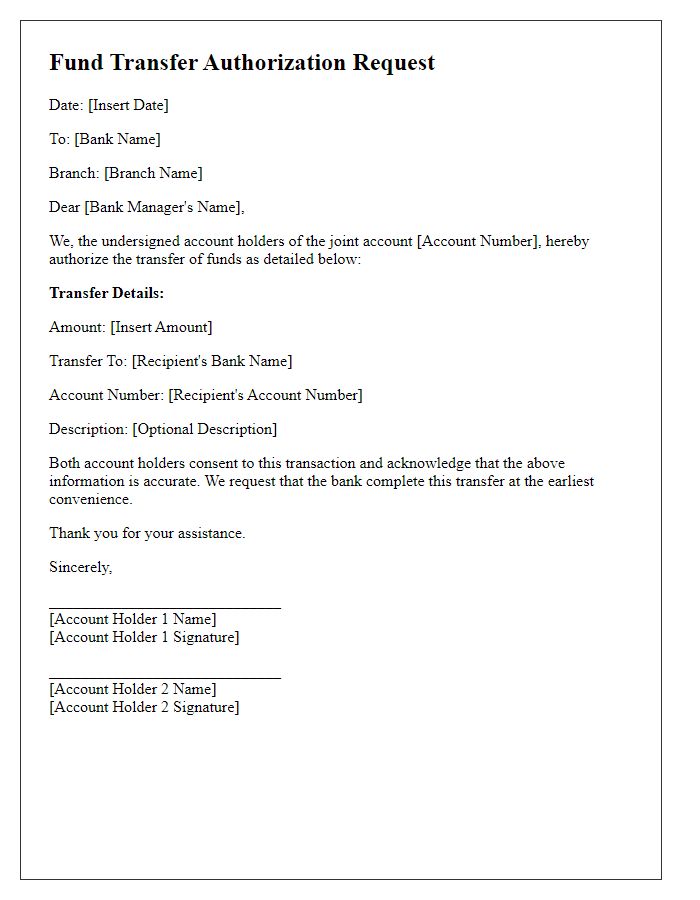 Letter template of fund transfer authorization request for joint accounts.